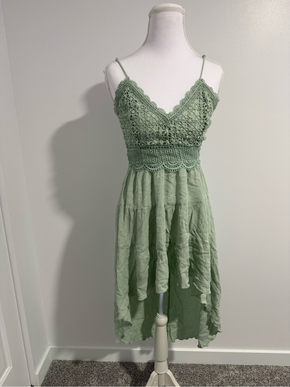 SOLD! Sage Green Crochet Bodice High-Low Dress